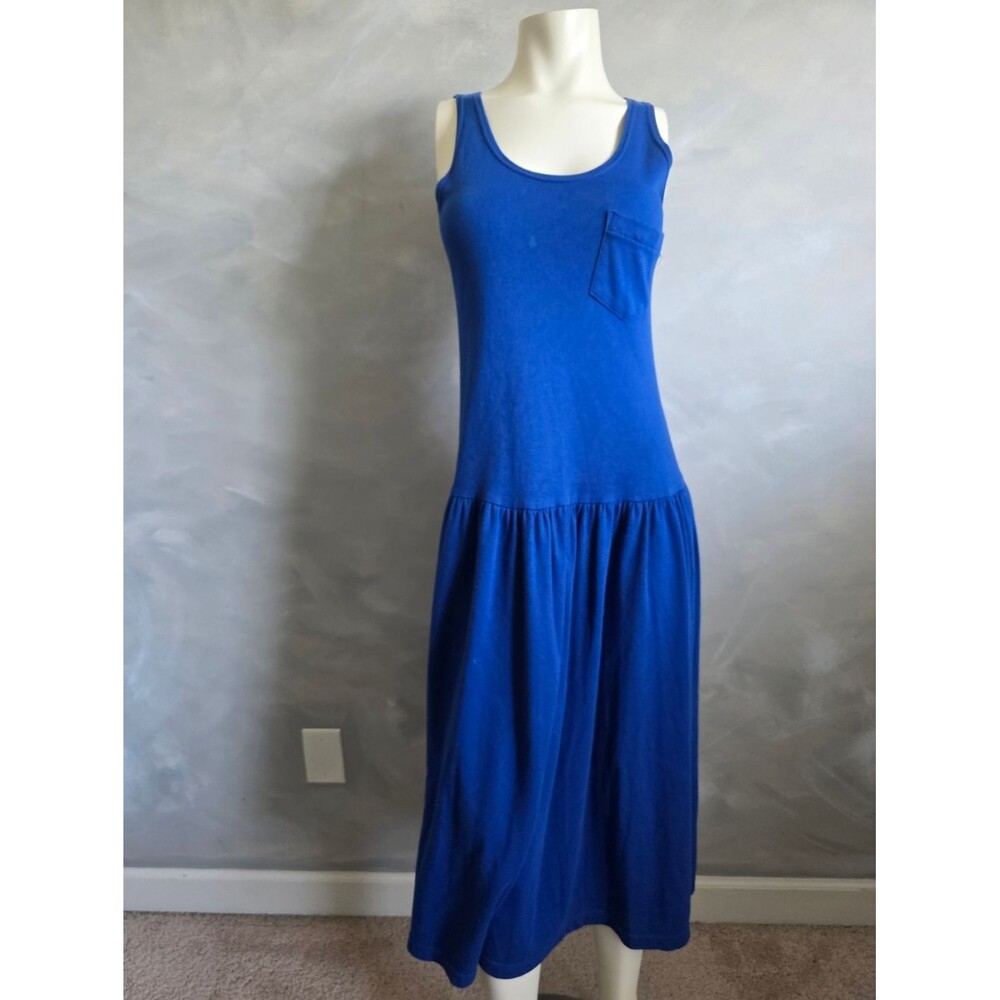 Vtg Cobalt Blue Sleeveless Drop Waist Cotton Blend Button Down Back Maxi Dress M